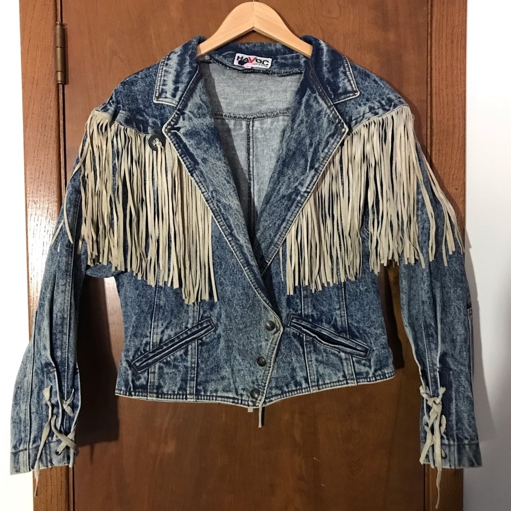 Vintage denim jacket with suede fringe